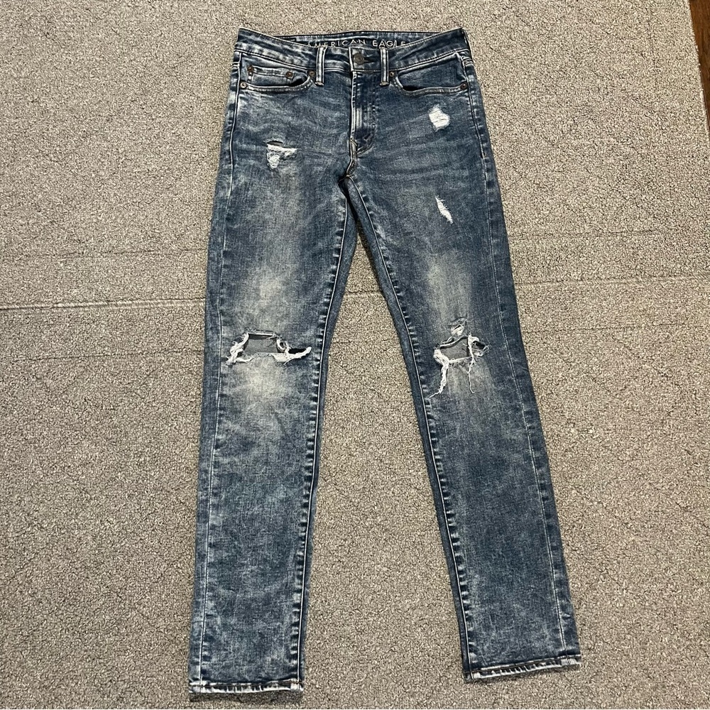American Eagle Jeans Mens 29X30 Slim Fit Low Rise Flex Distressed Stone Wash